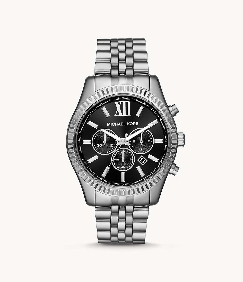 Michael Kors Lexington Silver Tone Black Face Watch MK8602 Elegant 