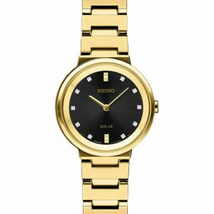 Seiko Solar Womens Diamonds Black Dial Gold Tone Bracelet Watch SUP396