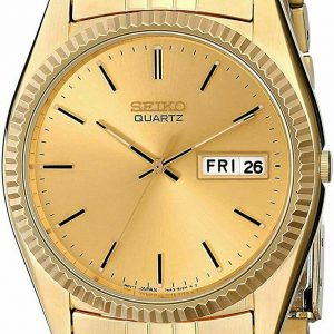 Seiko Quartz Men’s Day-date Gold Dial Stainless Steel Gold Plated Watch SGF206
