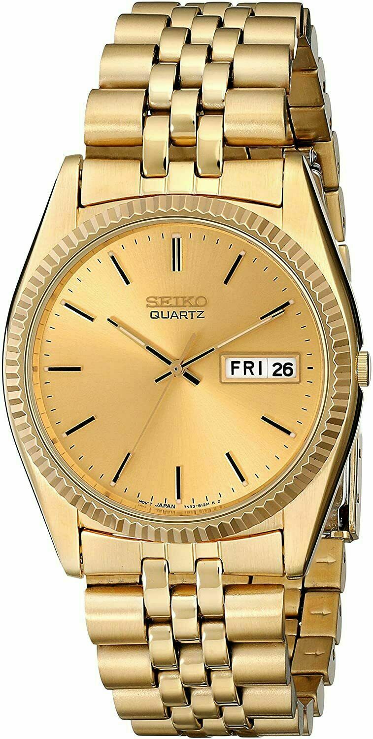 Seiko Quartz Men's Day-date Gold Stainless Steel Gold Plated Watch SGF206 – Elegant Watches Florida