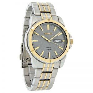 Seiko Solar Mens Charcoal Dial Two Tone Stainless Steel Watch SNE098