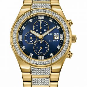 Citizen Men’s Watch Crystal Chrono Blue Dial Yellow Gold Bracelet CA0752-58L