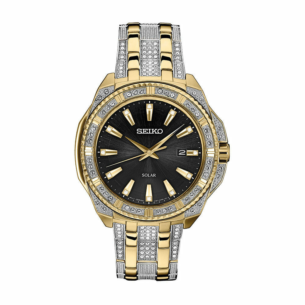 Seiko Men's Essentials Crystal Solar Powered Black Dial Watch SNE458 –  Elegant Watches Jacksonville Florida