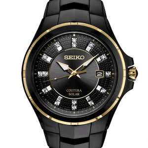 New Seiko Solar Coutura Diamond Black PVD Steel Bracelet Men’s Watch SNE506