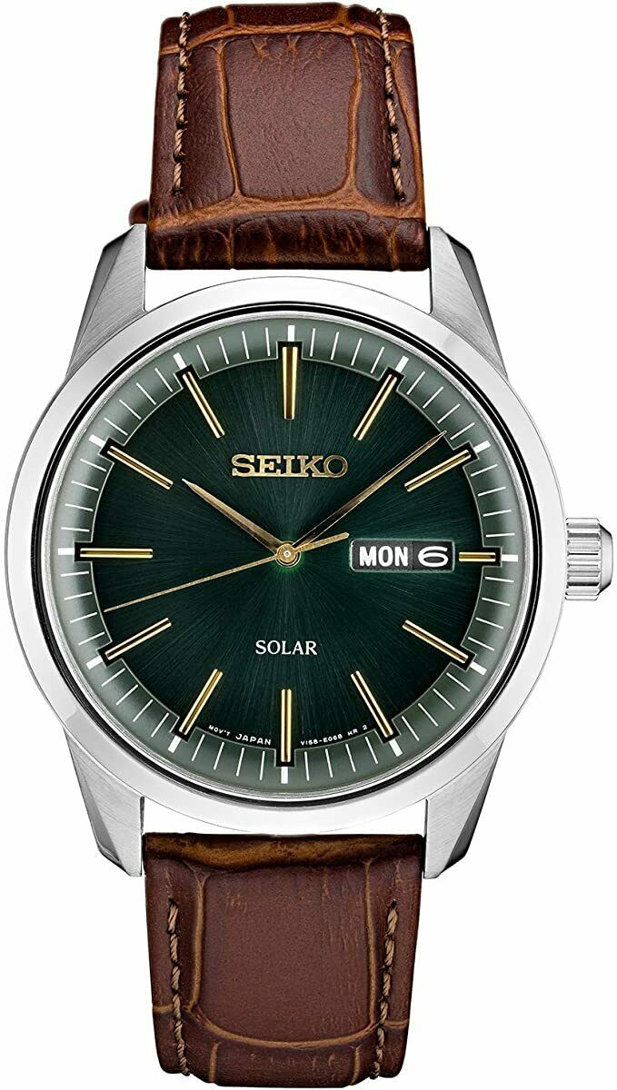 Seiko Men's Solar Dark Green Dial SS Watch w/ Brown Leather Band SNE529 –  Elegant Watches Jacksonville Florida