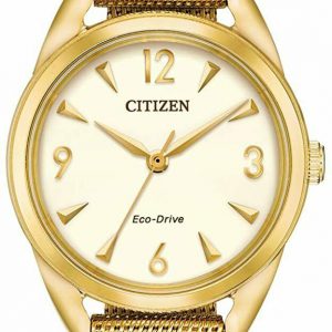 Citizen Drive Eco-Drive EM0682-58P Yellow Gold Tone White Dial Mesh Womens Watch