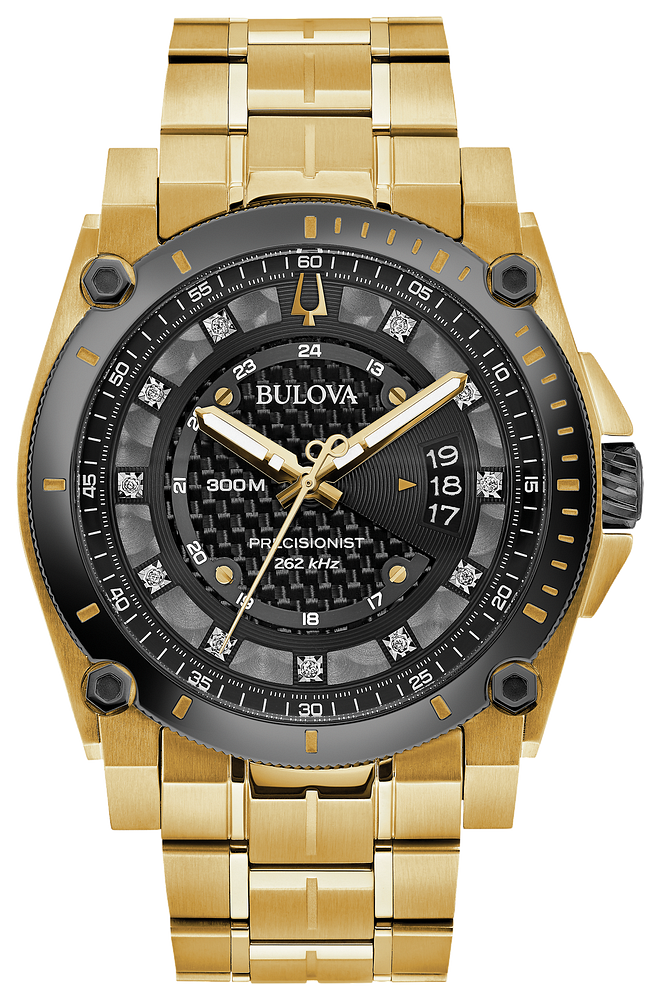 Relatief Frank perspectief Brand New Bulova Precisionist Diamond Gold Tone Black Face Men's Watch  98D156 – Elegant Watches Jacksonville Florida