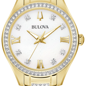 Bulova Crystal White Dial Gold Accent Stainless Steel Bracelet Ladies Watch 98L306