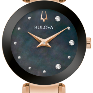 Bulova Modern Black Dial Rose Gold Tone Stainless Steel Bangle Ladies Watch 97P163
